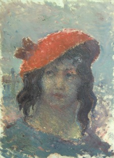GIUSEPPE URBANI DE GHELTOF (Mestre, 1899 - Venezia, 1982), Bambina con cappello rosso, 1934, olio su cartoncino, cm 33,3 x 24,3 (collezione privata – opera non in vendita).