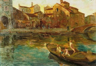 ATTILIO BOZZATO (Chioggia, 1886 – Cremona, 1954), Giovani bagnanti a Chioggia, 1937, olio su tela, cm 70 x 100.