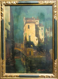 ATTILIO ACHILLE BOZZATO (Chioggia, 1886 – Cremona, 1954), Notturno a Rio Ognissanti a Venezia, prima metà del XX secolo, olio su tavola, cm 64 x 45.