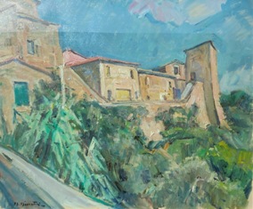 MARIO DISERTORI (Trento, 1895 – Padova, 1980), Città murata, databile attorno alla metà del XX secolo, olio su tela, cm 50 x 60.