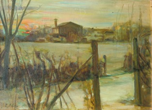 GIULIO ETTORE ERLER (Oderzo, 1876 – Treviso, 1964), Paesaggio (La brina), prima metà XX secolo, olio su tavola, cm 30,8 x 42,5.
