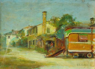 GIULIO ETTORE ERLER (Oderzo, 1876 – Treviso, 1964), Un confine della fiera, prima metà XX secolo, olio su tavola, cm 13,4 x 19,7.