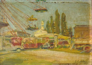 GIULIO ETTORE ERLER (Oderzo, 1876 – Treviso, 1964), Alla fiera, prima metà del XX secolo, olio su tavola, cm 14 x 20.