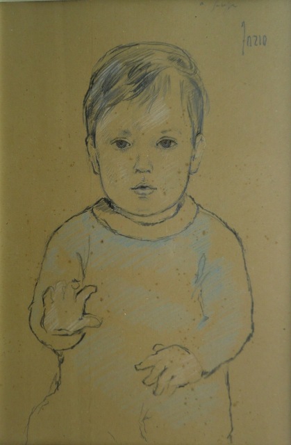 SALVATORE FAZIO  (Venezia, 1928 – Bassano del Grappa, 2007), Ritratto di bambino (a Giusep-pe), inizi seconda metà del XX secolo, tecnica mista su carta, cm 48 x 33 circa.