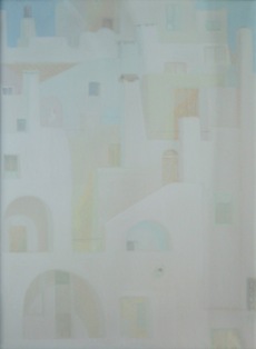 ANGELO GATTO (Quinto di Treviso, 1922), Architetture in Libertà (Ostuni), 1974, olio su tela, cm 80 x 60 – opera esposta alla mostra Il Pavone d’Oro – Terza Esposizione del Premio Internazionale di Pittura