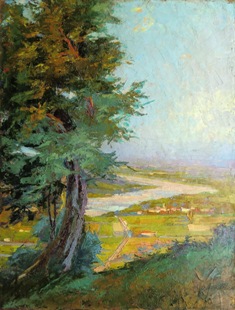 BRUNO GHERRI MORO (Castelfranco Veneto, 1899 - Sion, 1967), Paesaggio con fiume, databile tra il 1925 ed il 1930, olio su cartone, cm 61,5 x 47,3.