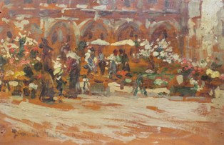 GIOVANNI APOLLONIO (Treviso, 1879 - 1930), Grand Marché (Bruxelles), inizi del XX secolo, olio su tavola, cm 14 x 21 (collezione privata - opera non in vendita).