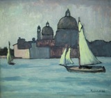 GUIDO PUSINICH (Venezia, 1885 - Asolo, 1969), Il Canale della Giudecca con la Chiesa della Salute, 1942, olio su cartone, cm 30 x 35