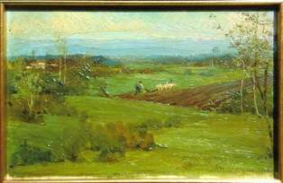 GUISCARDO DI SBROJAVACCA (Portogruaro, 1879 - Treviso, 1952), Paesaggio (aratura), 1919, olio su cartone, cm 14,5 x 22.