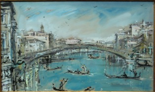 BRUNO MARTINI (Murano, 1911 - Venezia, 1979), Rio veneziano, verso il 1950, tecnica mista su cartoncino, cm 27 x 45 circa.