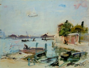 NENO MORI (Venezia, 1899 - 1968), Punta della Dogana a Venezia, 1965, olio su tavola, cm 30 x 40.
