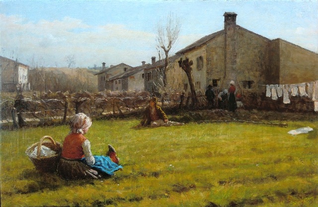 NOÈ BORDIGNON (Castelfranco Veneto, 1841 – San Zenone degli Ezzelini, 1920),  Vita quotidiana a San Zenone, 1885 - 1890 circa, olio su tela,  cm 41 x 63 (non più disponibile).