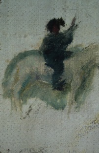 GIUSEPPE URBANI DE GHELTOF (Mestre, 1899 - Venezia, 1982), Cavaliere a cavallo, databile attorno alla metà del XX secolo, olio su tela, cm 15,1 x 9,7 (collezione privata – opera non in vendita).