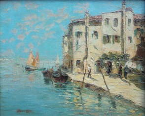 BRUNO GHERRI MORO (Castelfranco Veneto, 1899 - Sion, 1967), Marina a Burano, 1932, olio su tela, cm 33 x 41.