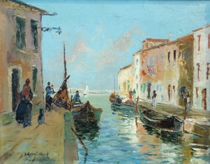 BRUNO GHERRI MORO (Castelfranco Veneto, 1899 - Sion, 1967), Veduta veneziana, databile tra il 1925 ed il 1930, olio su tela, cm 33 x 41.