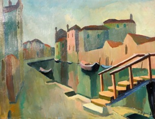 GIROLAMO DE STEFANI (Vittorio Veneto, 1909 – Venezia, 1976), Rio a Venezia (?), verso la metà del XX secolo, olio su cartone, cm 70 x 90,5.