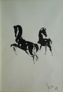 SALVATORE FAZIO  (Venezia, 1928 – Bassano del Grappa, 2007), Due cavalli, 1969, pennello e inchiostro nero su carta, mm 350 x 250 circa (collezione privata – opera non in vendita).