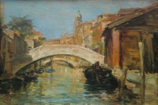 ATTILIO MAIOCCHI (Lodi, 1900 – 1968), Venezia – Rio Ognisanti, databile attorno alla metà del XX secolo, olio su tela cartonata, cm 23 x 33,5.