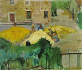 MARCO NOVATI (Venezia, 1895 - 1975), Lavori di sfogliatura a Cavarzere, 1958, olio su tela, cm 50 x 60,5.