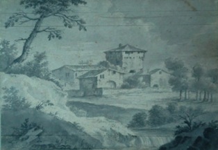BARTOLOMEO COGHETTO, detto MEDORO (Treviso, 1707 – 1793), Paesaggio con casolari,  1772, pennello e acquerello su carta, mm 190 x 270 (collezione privata – opera non in vendita).