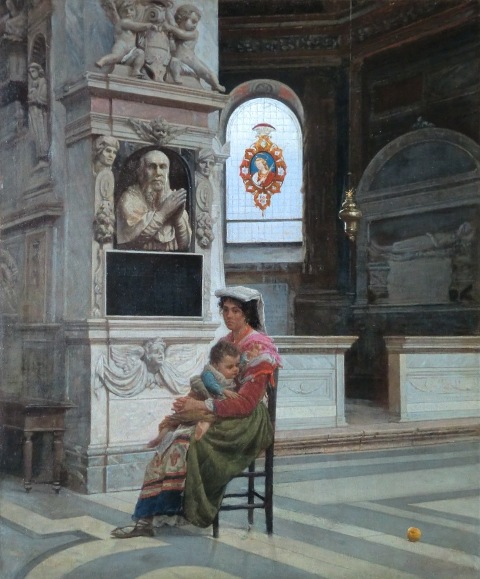 NOÈ BORDIGNON (Castelfranco Veneto, 1841 – San Zenone degli Ezzelini, 1920),    Mamma col bambino all’interno della basilica di Santa Maria del Popolo a Roma, 1875 (datato), olio su tela,  cm 59 x 49 (non più disponibile).