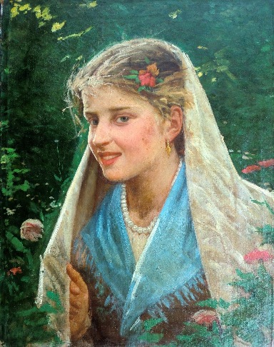 NOÈ BORDIGNON (Castelfranco Veneto, 1841 – San Zenone degli Ezzelini, 1920),  Ragazza con velo bianco, 1878 (datato), olio su tela, cm. 47,5 x 38 (non più disponibile).