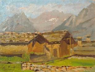 FRANCESCO SARTORELLI (Cornuda, 1856 – Udine, 1939), Paesaggio montano con casolari, inizi del XX secolo, olio su cartone, cm 24,5 x 32.
