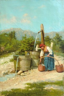 VITTORIO GIOVANNI GAETANO ANTONIO TESSARI (Castelfranco Veneto, 1860 – Mira, 1947), Ai piedi del Grappa, inizi del XX secolo, olio su tela, cm 77 x 52.