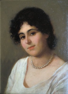 VITTORIO GIOVANNI GAETANO ANTONIO TESSARI (Castelfranco Veneto, 1860– Mira,  1947), Giovane donna con collana di perle, 1891 ca., olio su tavola, cm 25 x 18,8.