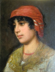 VITTORIO GIOVANNI GAETANO ANTONIO TESSARI (Castelfranco Veneto, 1860– Mira,  1947), Giovane popolana con collana rossa, 1890 ca., olio su tavola, cm 29,32 x 22,7.