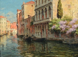 ZACCARIA DAL BÒ (Venezia, 1872 - 1935), Rio veneziano, inizio del XX secolo, olio su tela, cm 42,5 x 56,5.