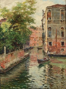 ZACCARIA DAL BÒ (Venezia, 1872 - 1935), Rio veneziano con gondola, inizio del XX secolo, olio su tavola, cm 56,5 x 42.