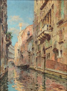 ZACCARIA DAL BÒ (Venezia, 1872 - 1935), Rio veneziano, inizio del XX secolo, olio su tavola, cm 56,5 x 41,8.